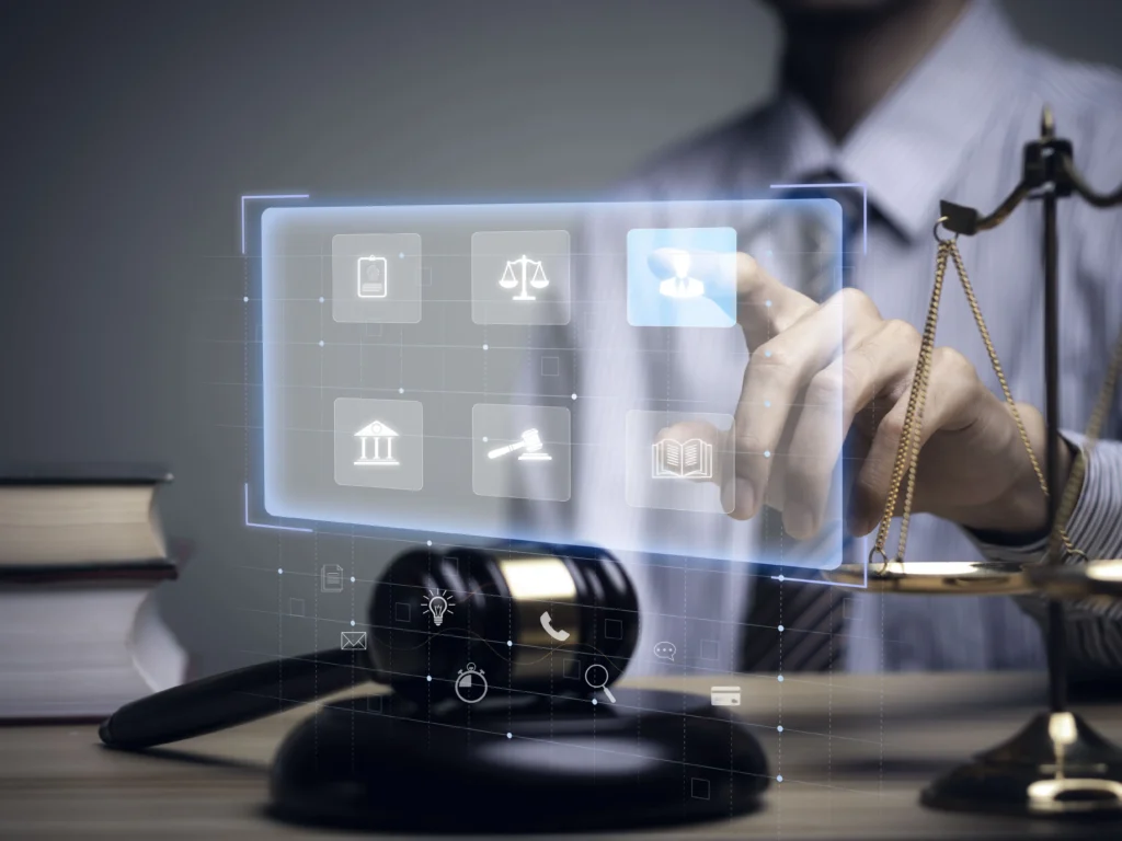 Pessoa acessando sistema digital jurídico com ícones representando justiça, martelo do juiz e escalas, simbolizando o uso do DJEN (Diário da Justiça Eletrônico Nacional) para acompanhar publicações legais e decisões judiciais online.