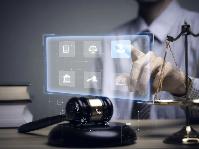 Pessoa acessando sistema digital jurídico com ícones representando justiça, martelo do juiz e escalas, simbolizando o uso do DJEN (Diário da Justiça Eletrônico Nacional) para acompanhar publicações legais e decisões judiciais online.